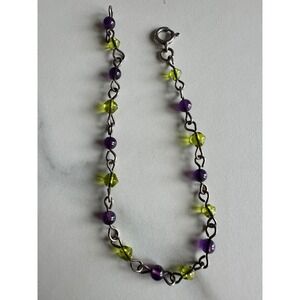 Vintage Purple and Lime Green Glass Beaded Chain Bracelet Silver Tone 7.5 Inch